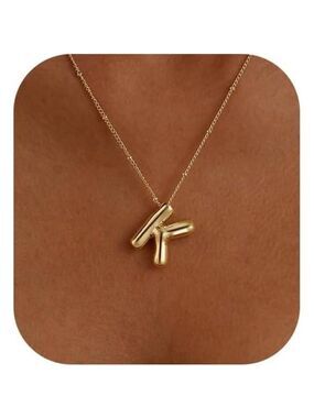 14K Gold Plated Bubble Letter Necklace Initial Pendant Chunky Custom Name Jewelr